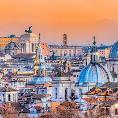 Wonderful view of Rome skyline at sunset, Italy