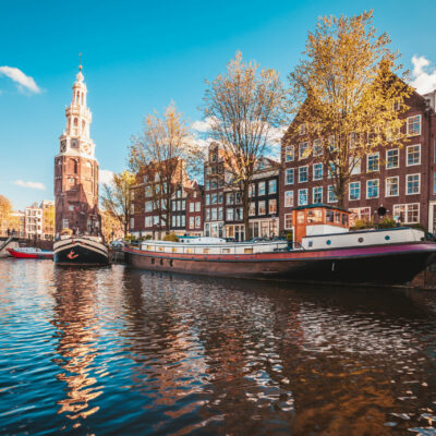 Historic center of Amsterdam with St. Nicholas in Amsterdam, Holland
