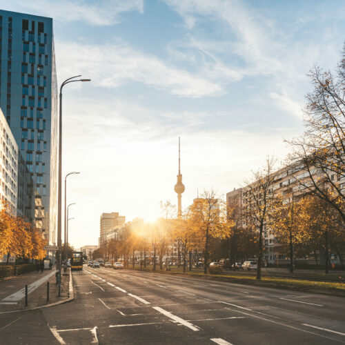street view on berlin cityscape in autumn sun in with TV-Tower
